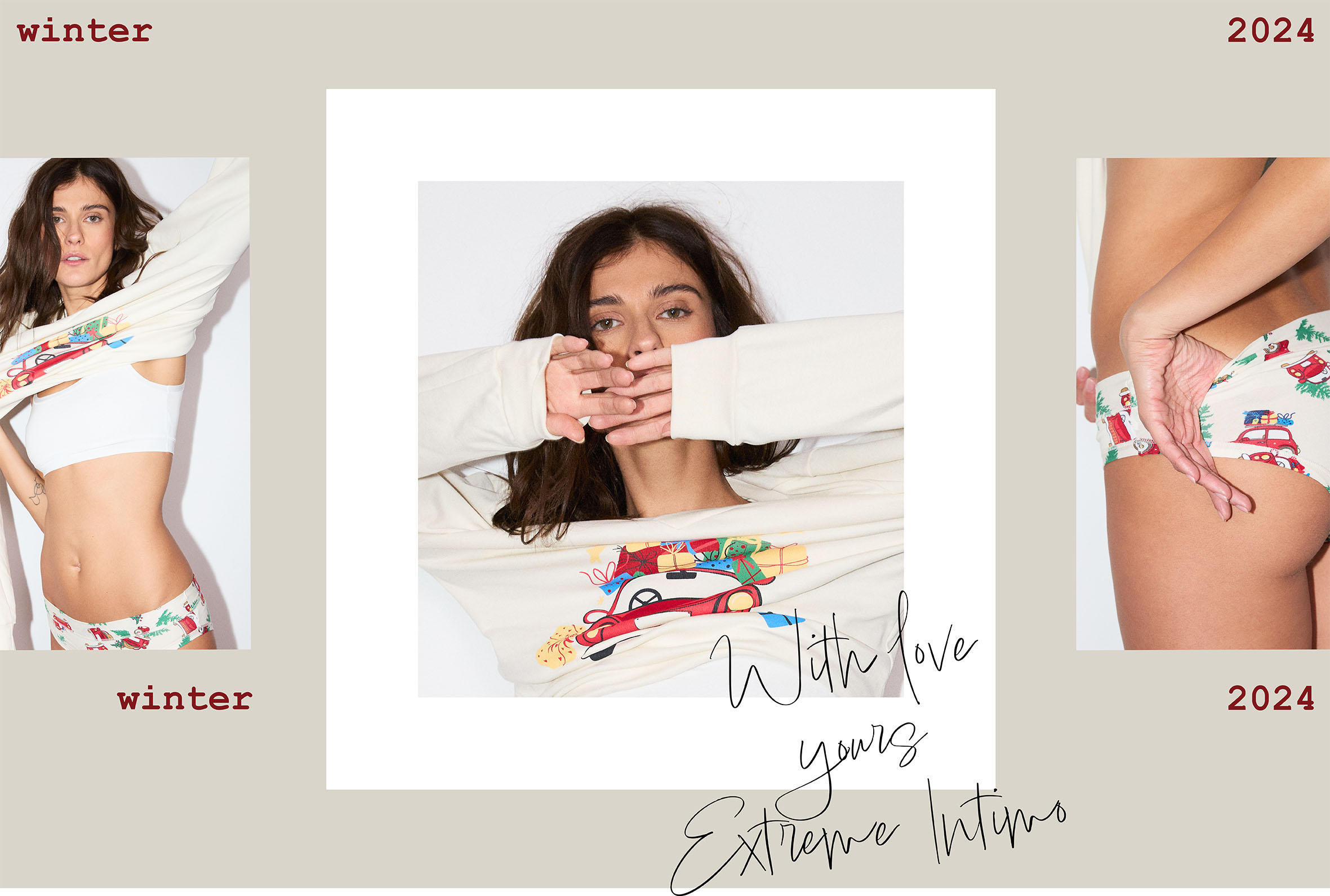 Kolaž žene u beloj majici i slipu sa novogodišnjim motivima